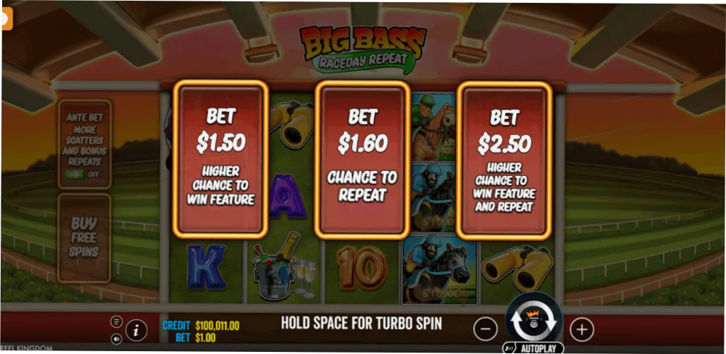 Big Bass Raceday Repeat Ante Bet Bonus Buy Options